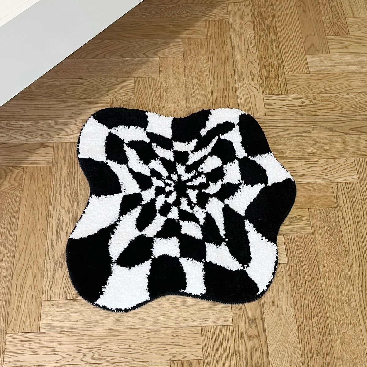 Abstract 3D Illusion Checkered Cloud Shape Tufted Rug - Handmade Modern Black and White Design - Fluid Art Porch Carpet