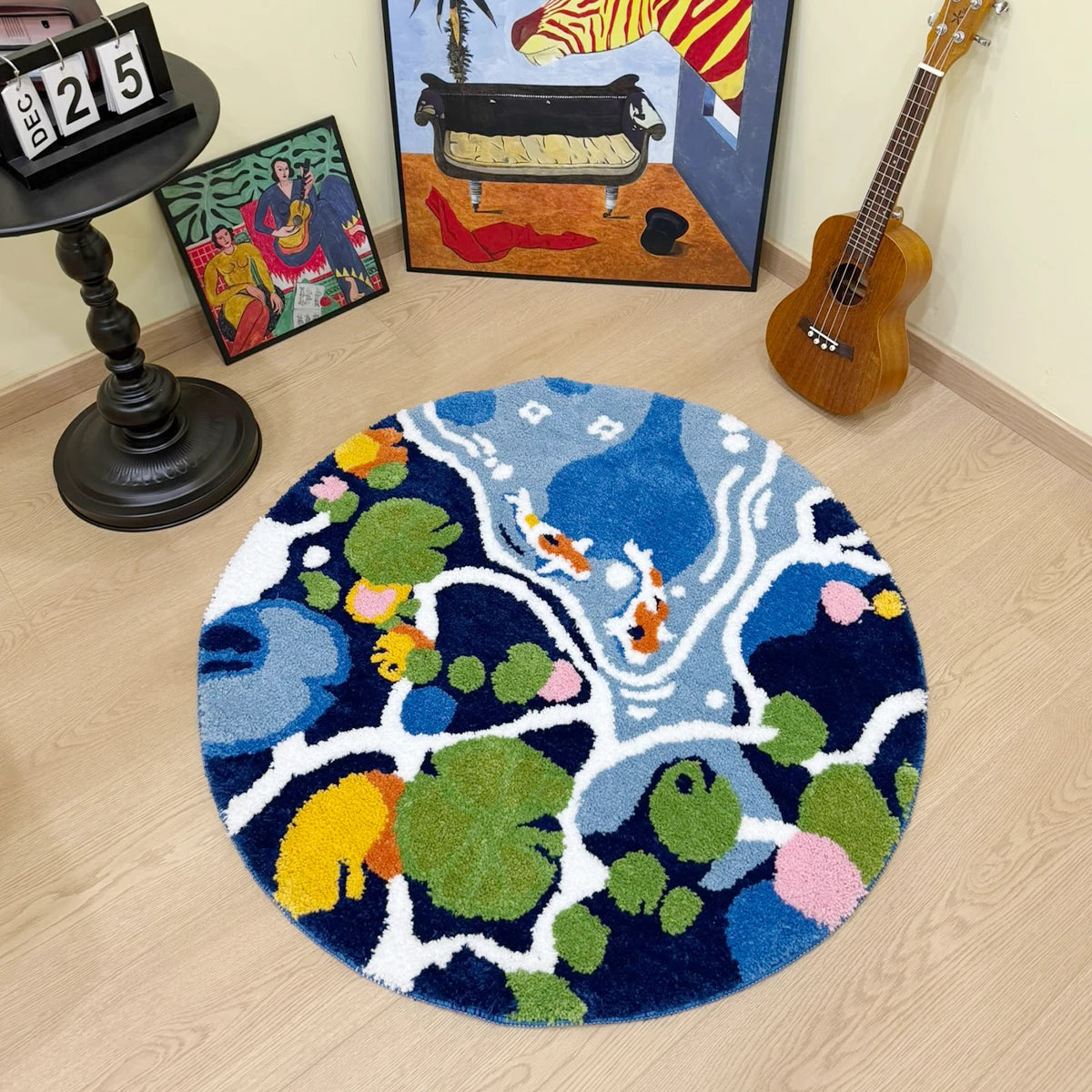 Coloful Lotus Pond round Handmade Tufted Rug for Living Room Psychedelic Bedroom Retro Carpet Plush Circle Abstract Art Area Rug