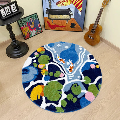 Coloful Lotus Pond round Handmade Tufted Rug for Living Room Psychedelic Bedroom Retro Carpet Plush Circle Abstract Art Area Rug