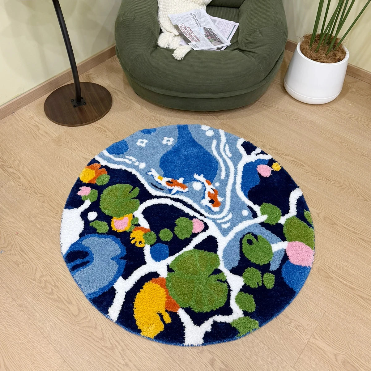 Coloful Lotus Pond round Handmade Tufted Rug for Living Room Psychedelic Bedroom Retro Carpet Plush Circle Abstract Art Area Rug