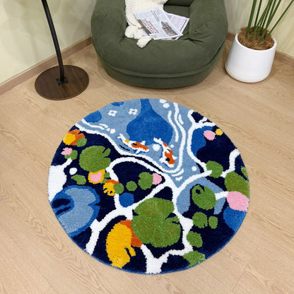 Coloful Lotus Pond round Handmade Tufted Rug for Living Room Psychedelic Bedroom Retro Carpet Plush Circle Abstract Art Area Rug