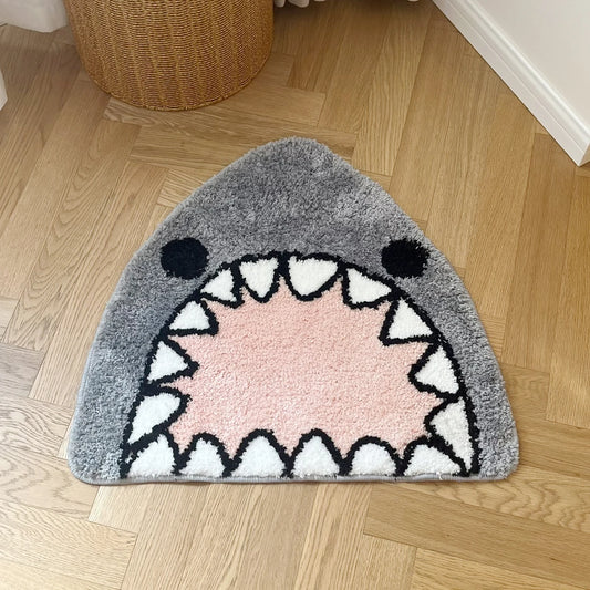 Cool Grey Shark Cute Tufted Rug Cartoon Simple Housewarming Gift Idea Flocked Soft Room Handmade Non-Slip Home Decoration Carpet