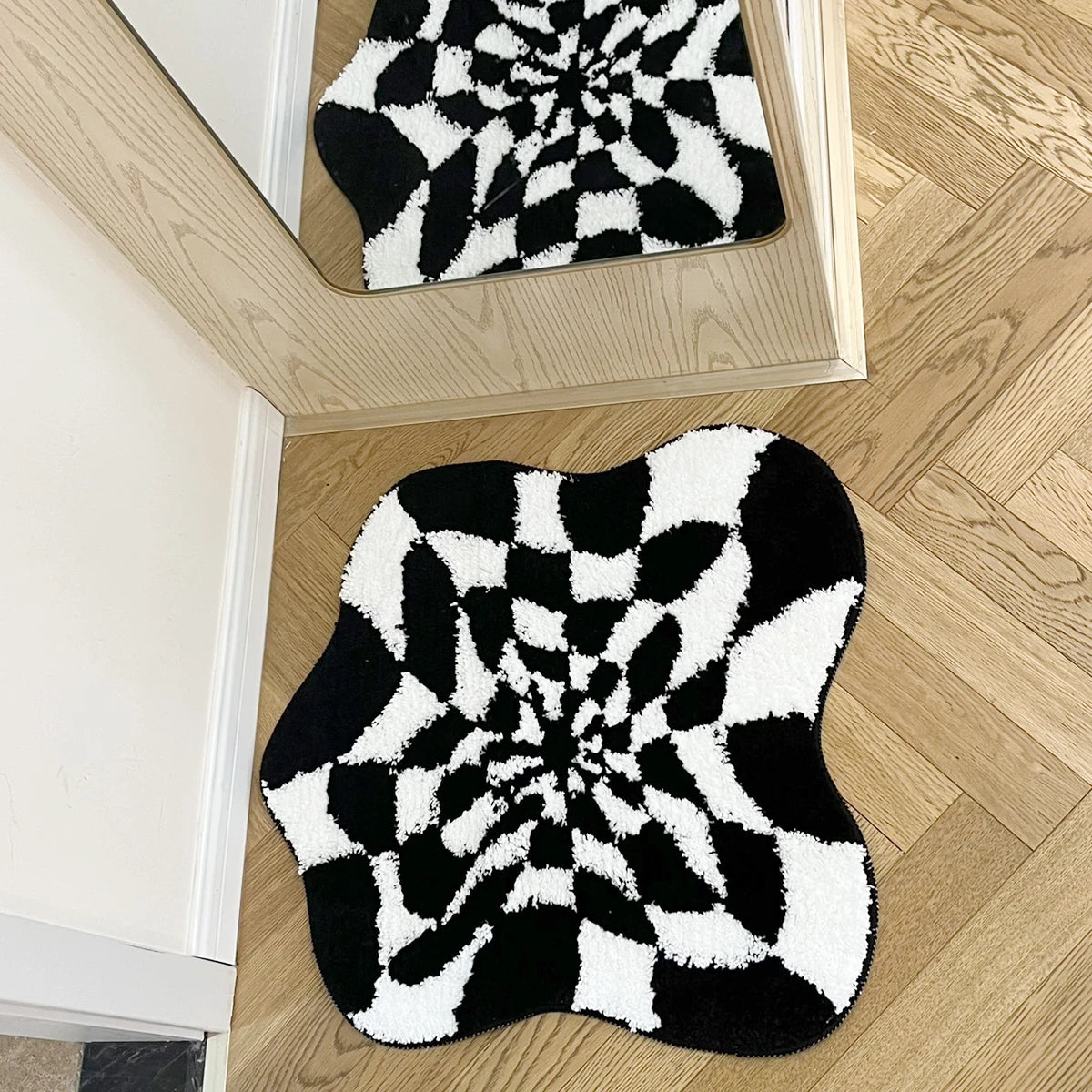 Abstract 3D Illusion Checkered Cloud Shape Tufted Rug - Handmade Modern Black and White Design - Fluid Art Porch Carpet