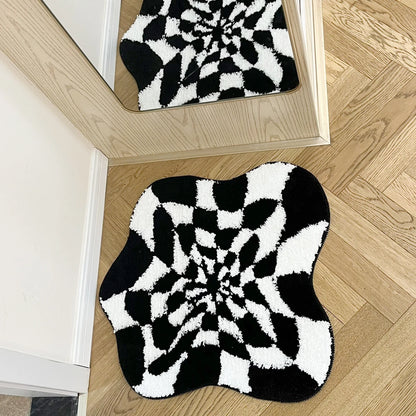 Abstract 3D Illusion Checkered Cloud Shape Tufted Rug - Handmade Modern Black and White Design - Fluid Art Porch Carpet